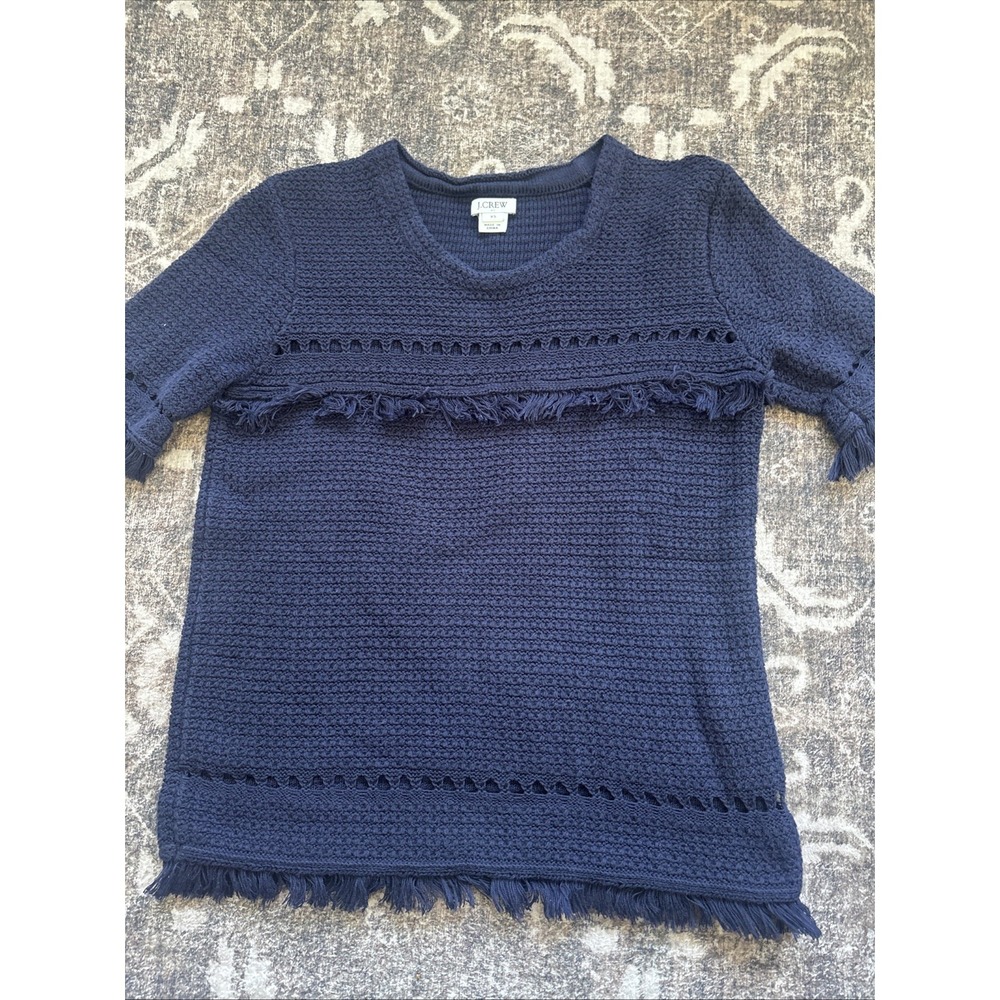 J.CREW Women's Size XS Short-Sleeve Fringe Knit Sweater - True Navy